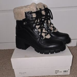 Black and Cream Lace Up Boots with Chunky Sole
